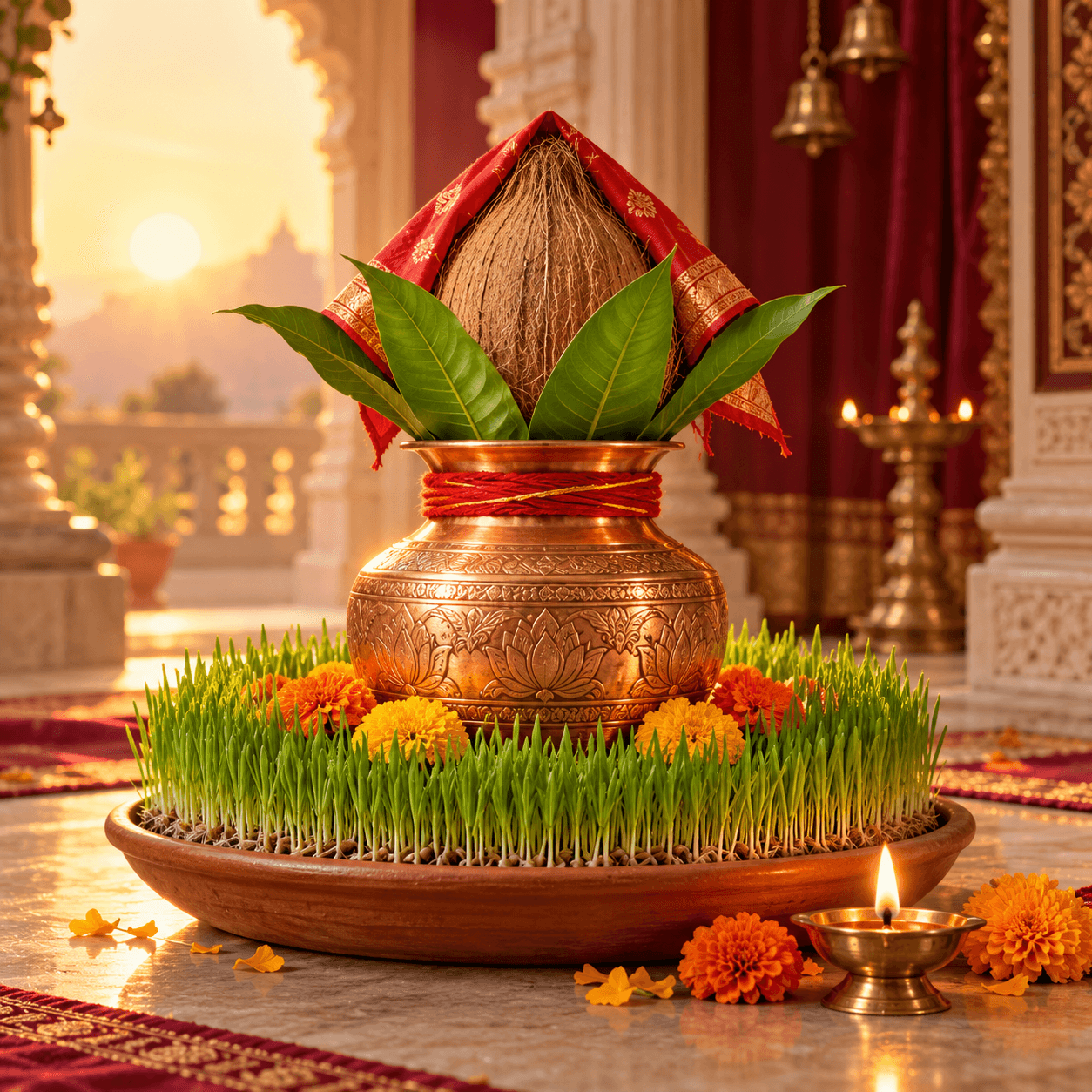कलश, नारियल, आम्रपत्र, जौ और दीपक के साथ घटस्थापना